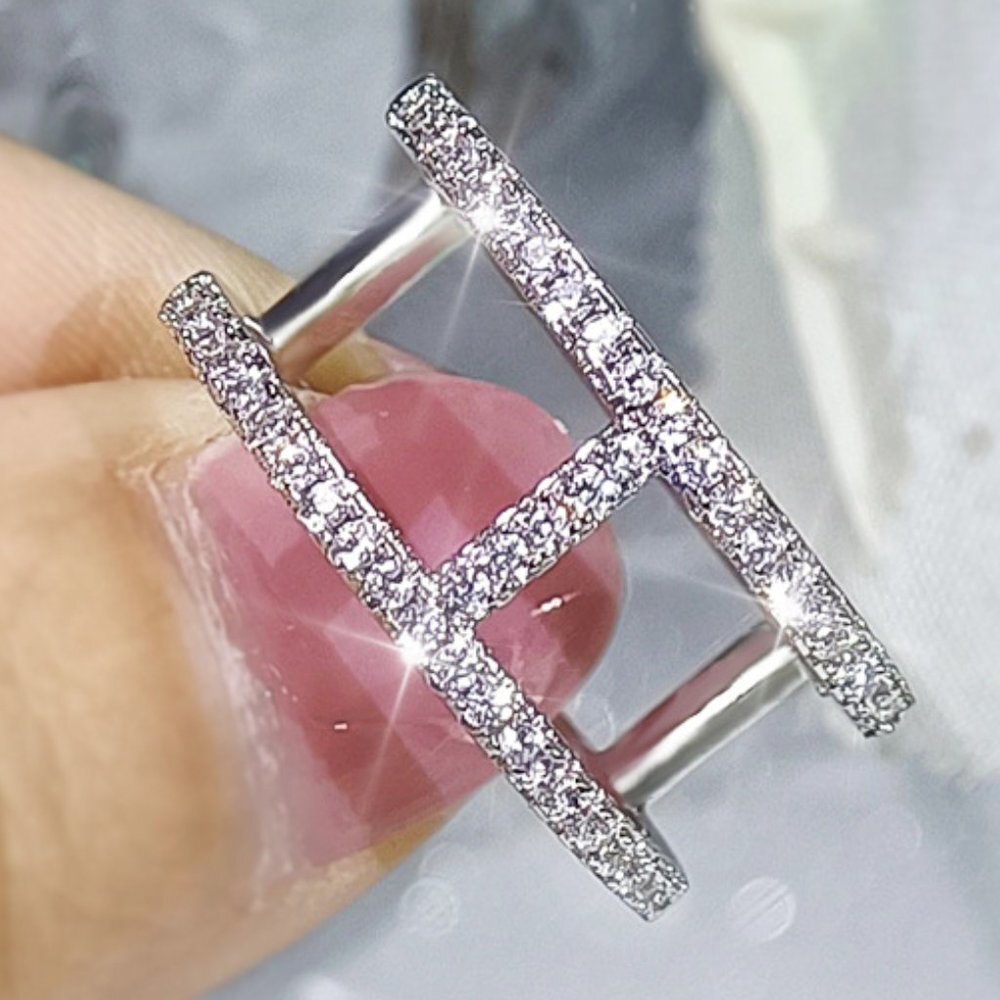 🌸Trendy CZ Glitter Micro Pave Silver Double Layer Hollow Fashion Ring,UNVN12223
